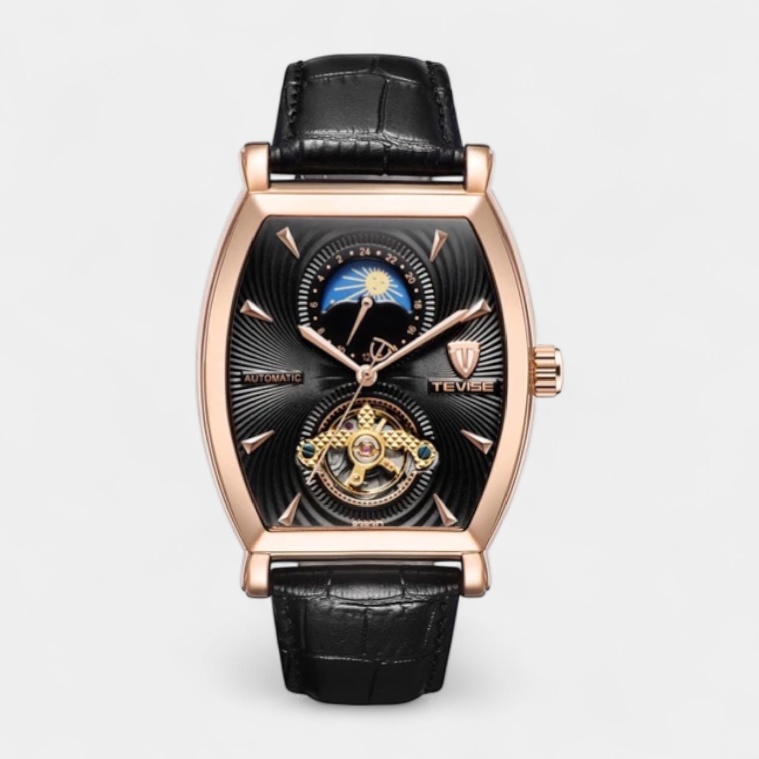 Vintares | 43 mm Tonneau Moonphase Automatic Mechanical Watch - Leather Strap