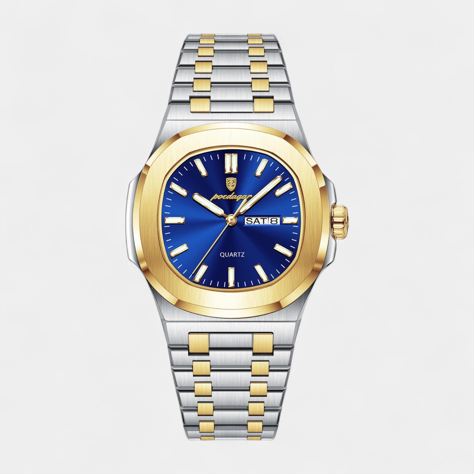 Vintares | Men’s Stainless Steel Integrated Bracelet Quartz Watch with Day‑Date Display