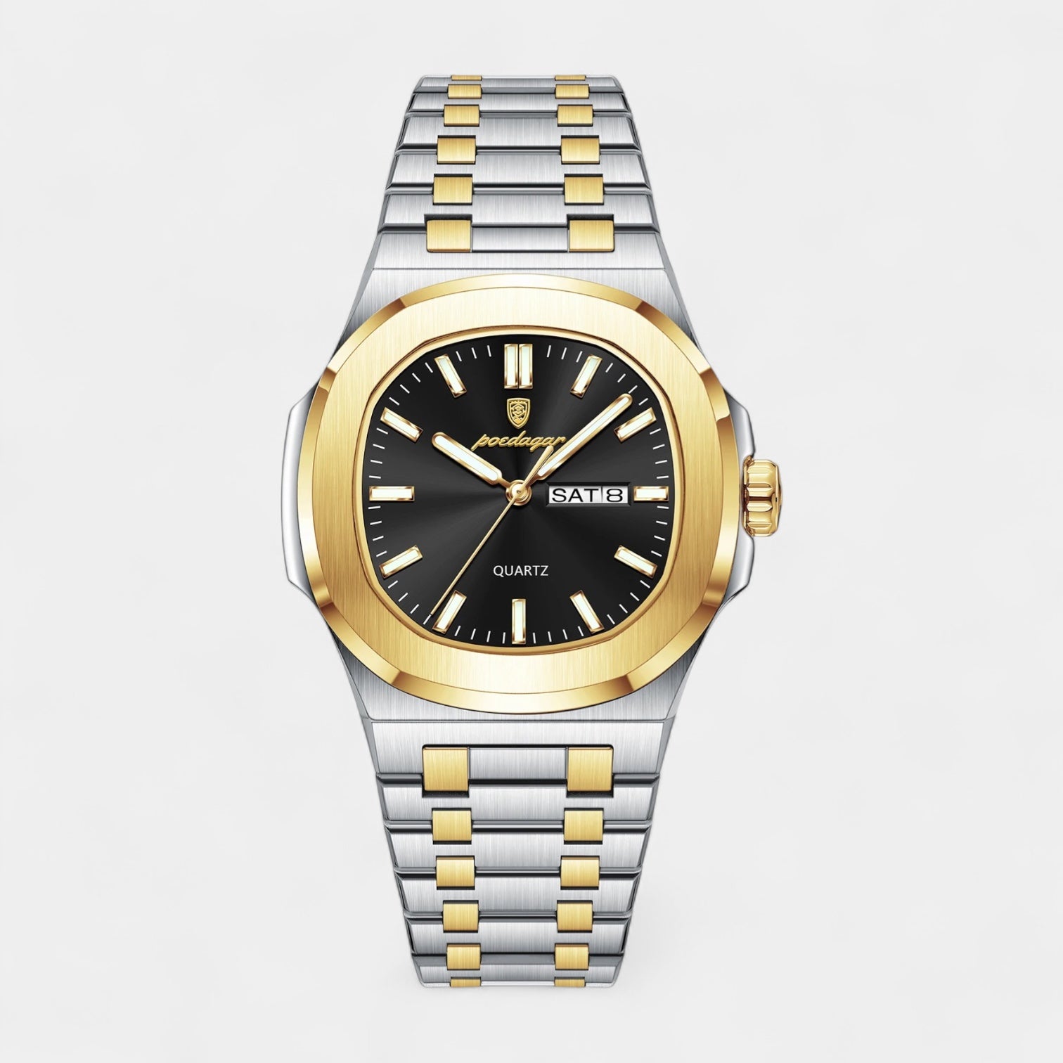 Vintares | Men’s Stainless Steel Integrated Bracelet Quartz Watch with Day‑Date Display