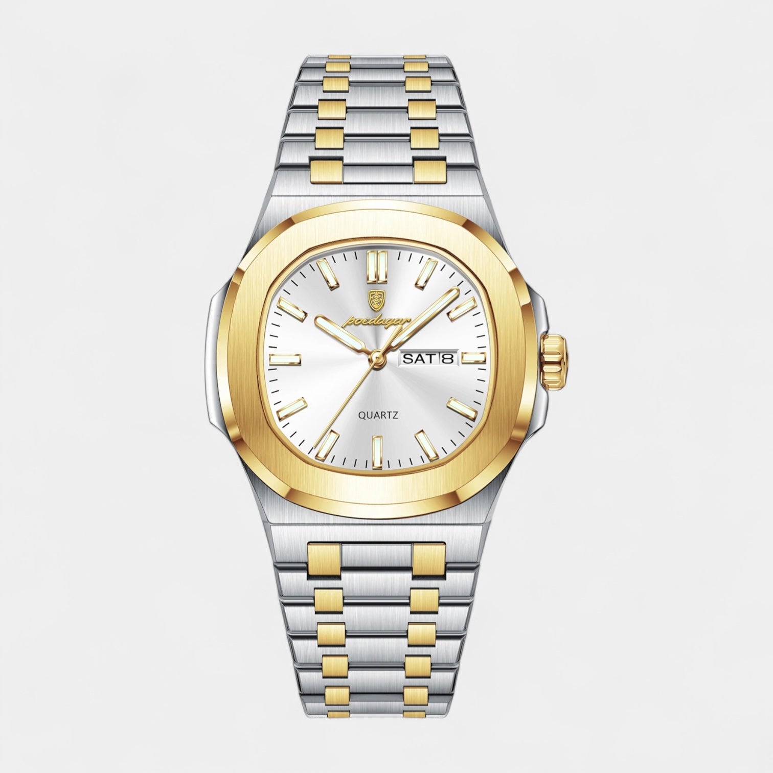 Vintares | Men’s Stainless Steel Integrated Bracelet Quartz Watch with Day‑Date Display
