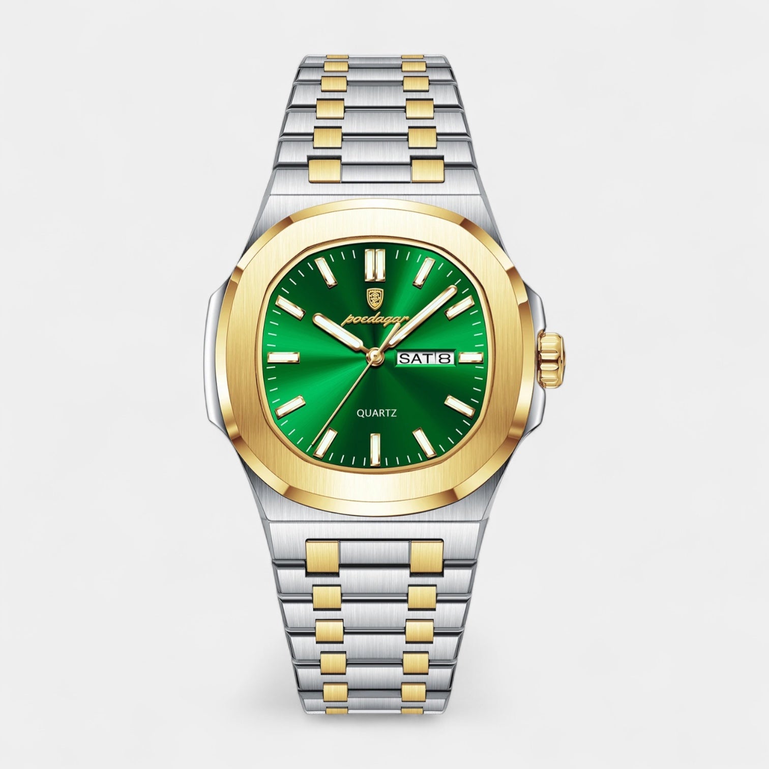 Vintares | Men’s Stainless Steel Integrated Bracelet Quartz Watch with Day‑Date Display