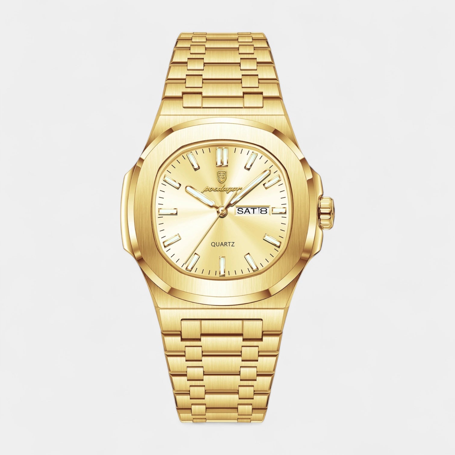 Vintares | Men’s Stainless Steel Integrated Bracelet Quartz Watch with Day‑Date Display